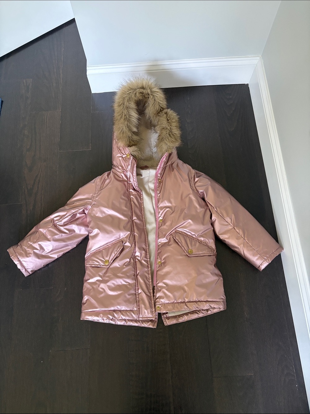 J. Crew Girls Metallic Rose Pink Faux-Fur Hooded Puffer Jacket